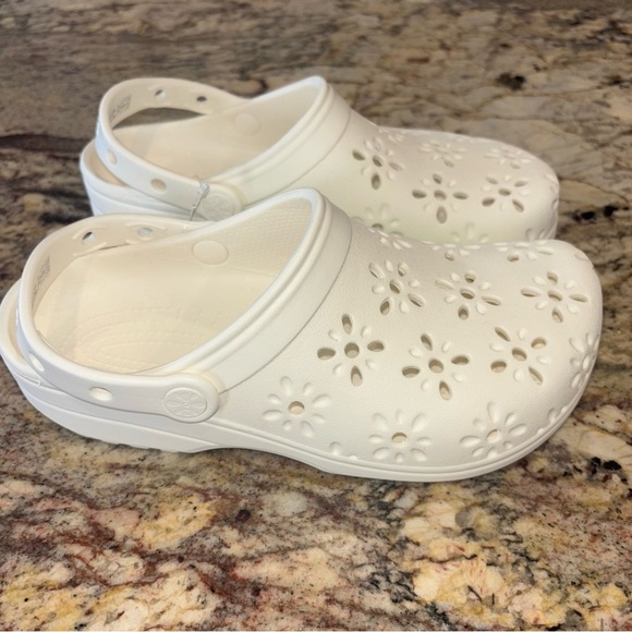 CROCS Shoes - CROCS White Clogs with Floral Cutouts